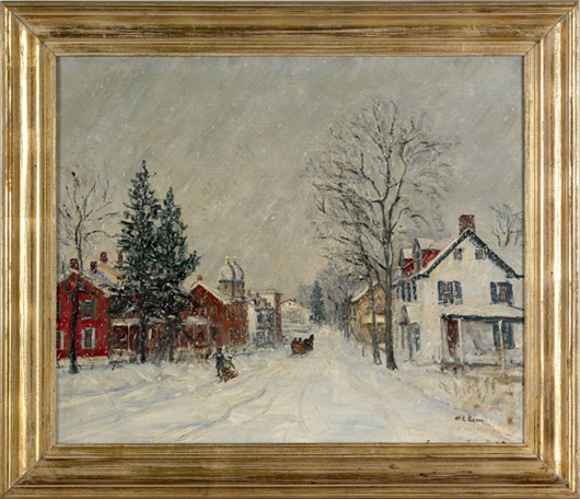 An entrancing snow scene of a Quakertown, Pa., street by Walter Emerson Baum. Estimate: $25,000-$35,000. Image courtesy of Pook & Pook Inc.  